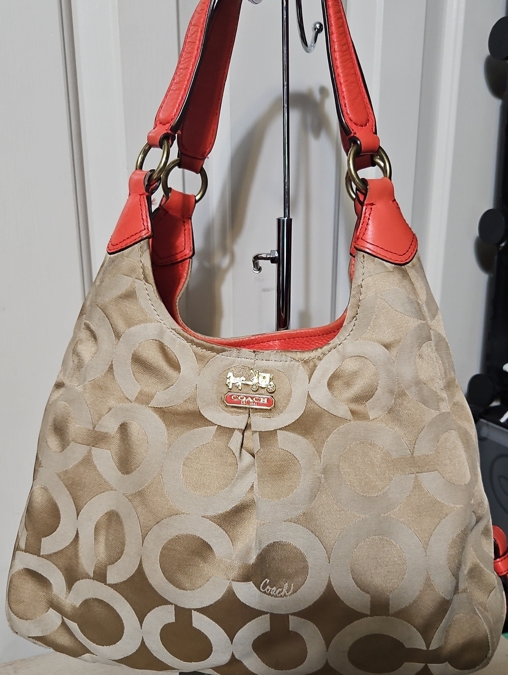 Coach Maggie Khaki Signature Hobo Shoulder Bag with Coral Trim